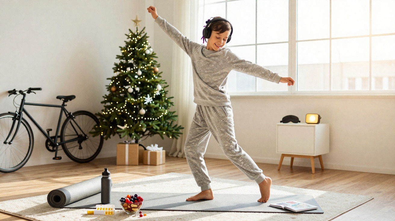Child dancing with headphones on yoga mat next to Christmas tree and presents in bright room.