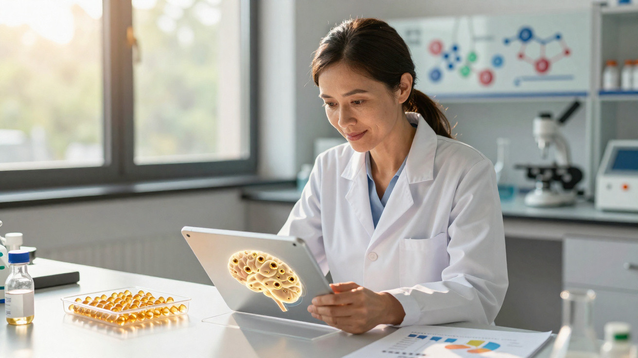 Female scientist in white lab coat analysing brain scan on tablet in modern laboratory.