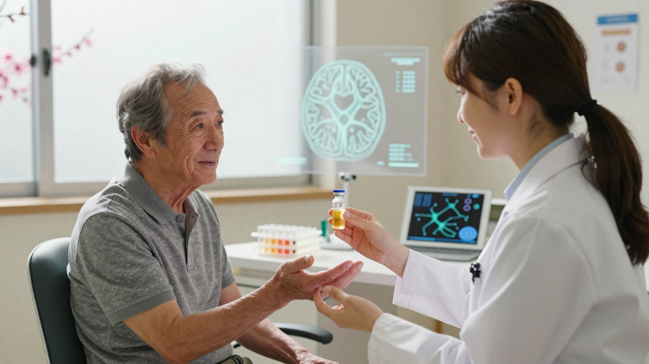 Doctor explaining brain scan results and medication to elderly male patient in clinic.