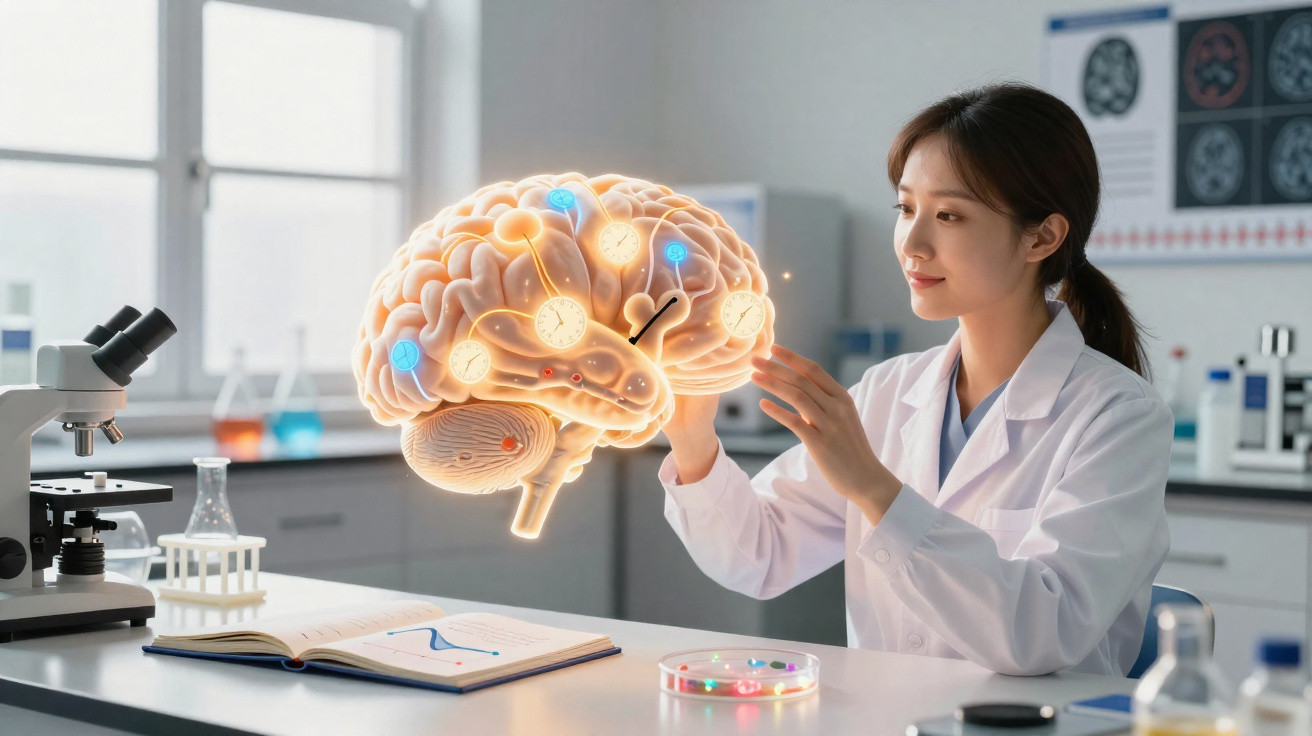 Scientist in lab coat examining a glowing 3D brain model with neural connections in a laboratory.