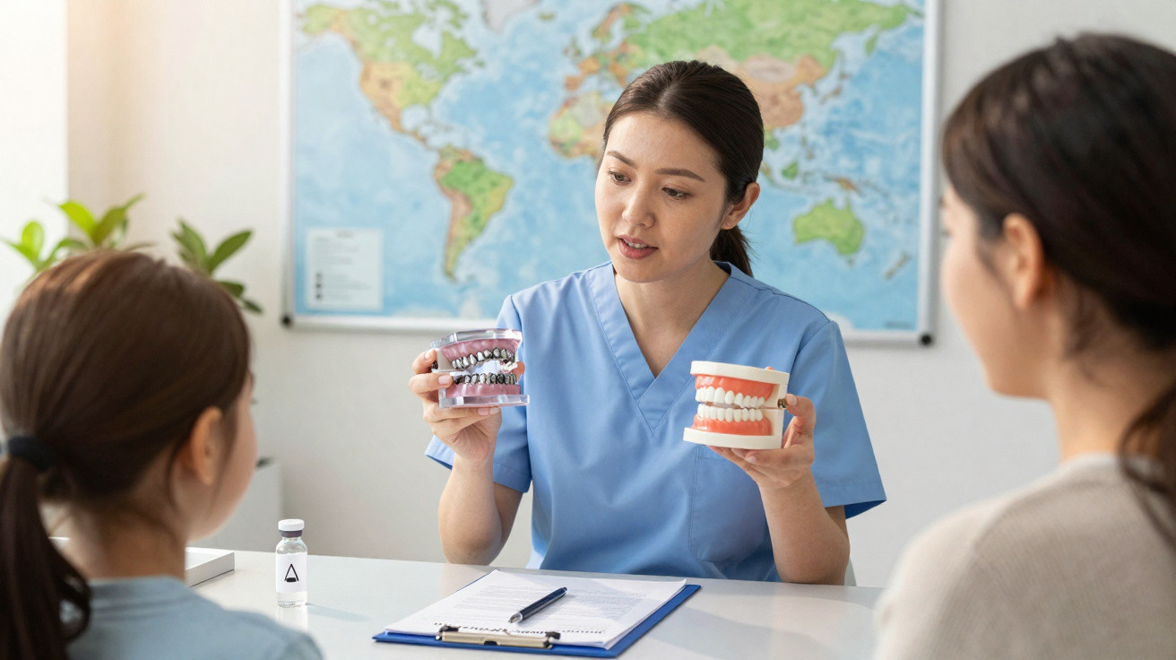Dental professional explaining dentures to two female patients in a consultation room with a world map backdrop.