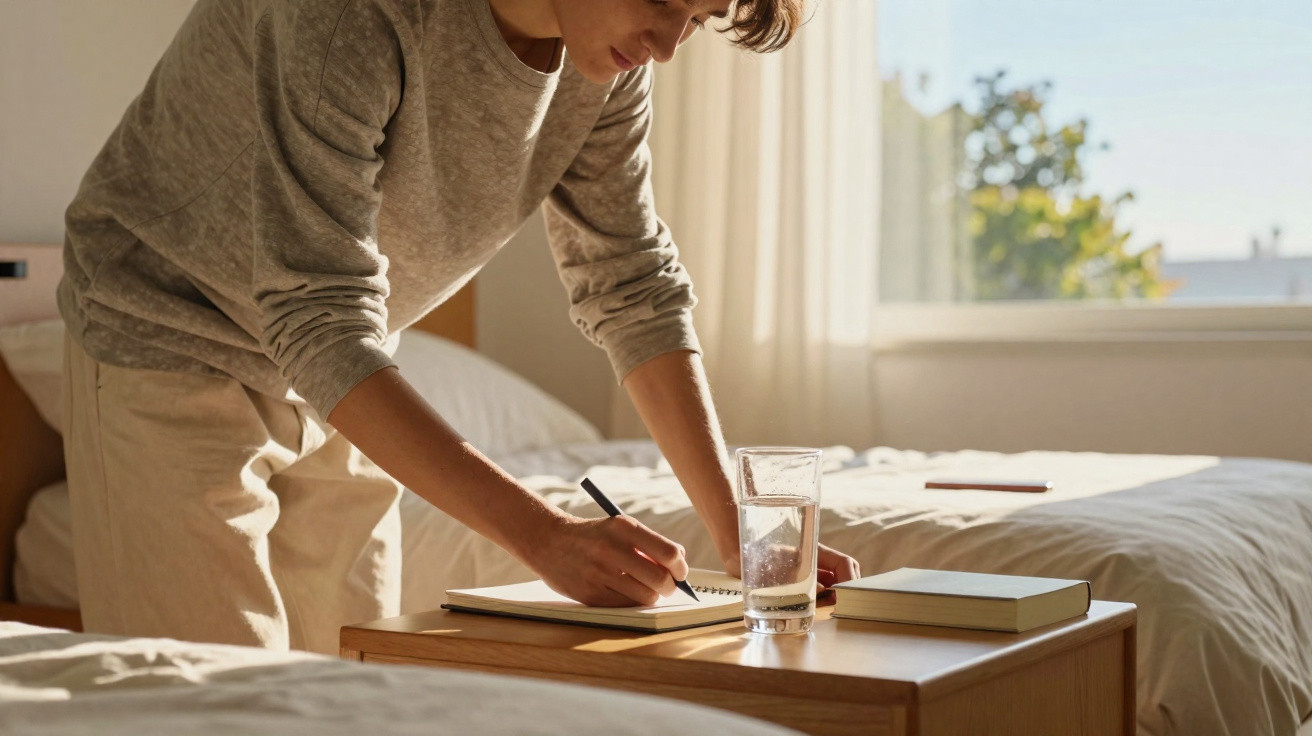 Person leaning over a bedside table writing in a notebook with a glass of water and book nearby in a sunlit room.