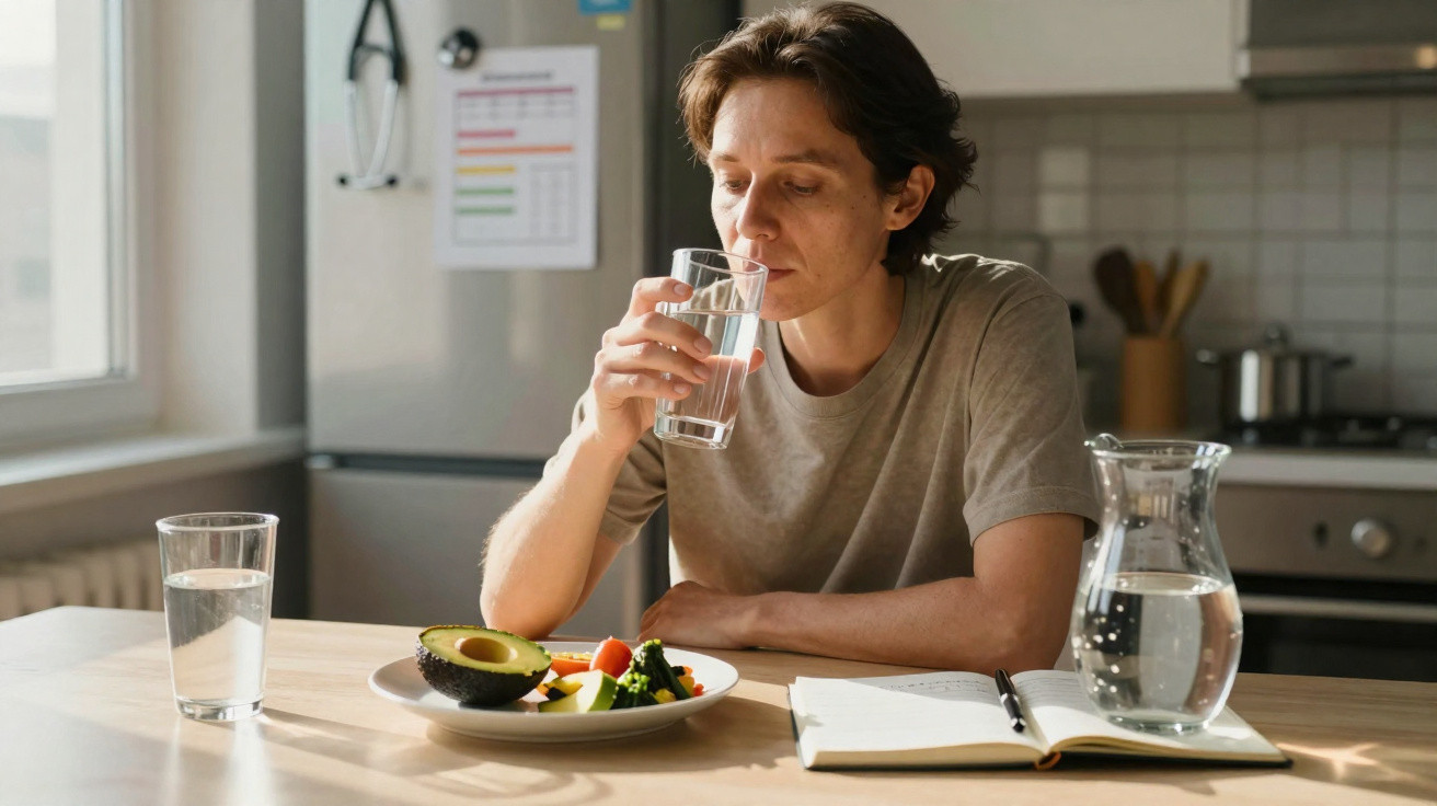 Person in a beige t-shirt drinking water at a kitchen table with a plate of vegetables and a notebook.