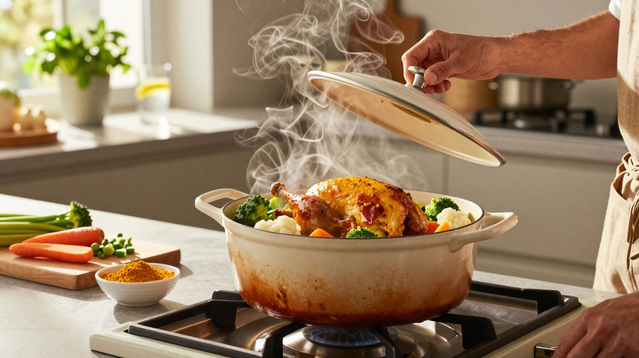 Steaming roast chicken with vegetables in a pot on a gas stove as lid is being lifted.