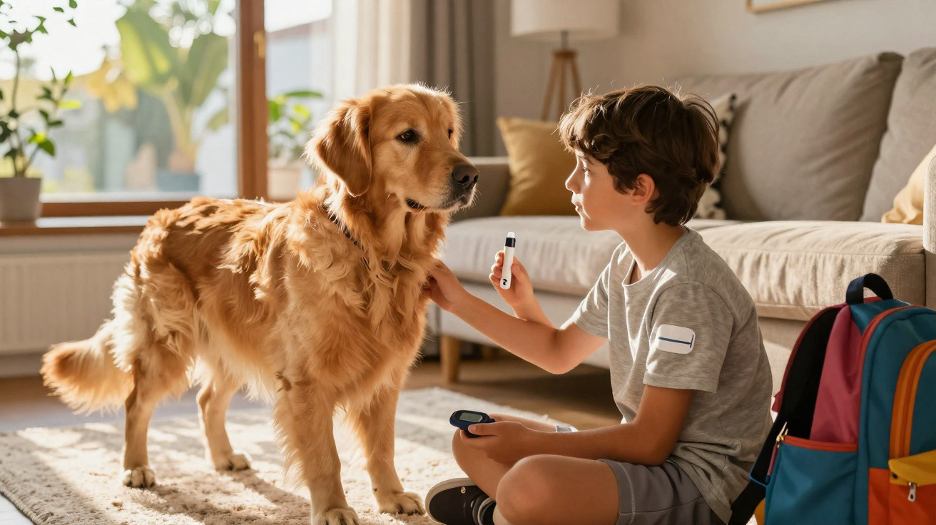 Young boy using a blood glucose meter to test his diabetes while sitting next to a golden retriever in a living room.