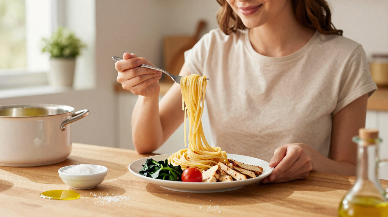Woman sitting at a wooden table eating spaghetti with grilled chicken, spinach and a cherry tomato on a plate.