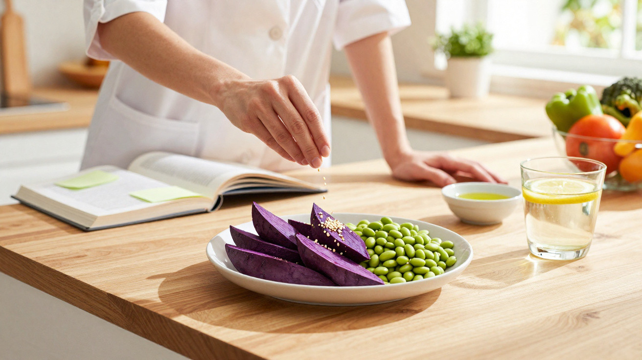 Person sprinkling seasoning on a plate of purple sweet potato wedges and edamame in a bright kitchen.