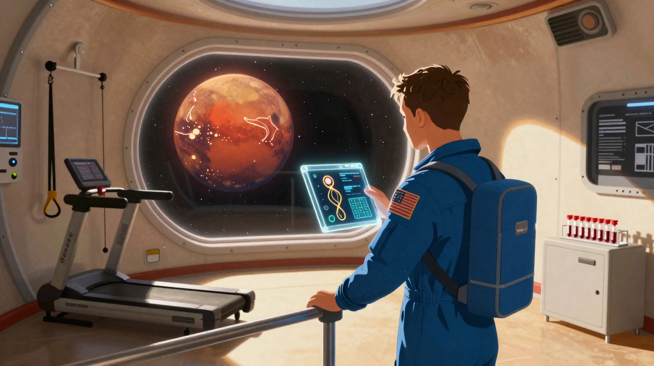 Astronaut in blue suit views Mars through spacecraft window while interacting with transparent digital tablet.
