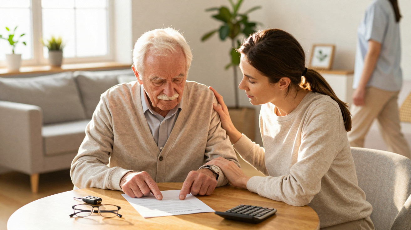 Elderly man looking concerned at paper while a woman offers comfort and support at a wooden table.