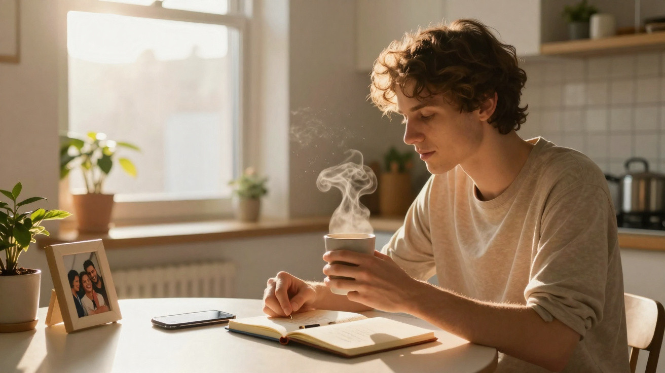 Young man sitting at a table, holding a steaming mug and writing in a notebook by a sunlit window.