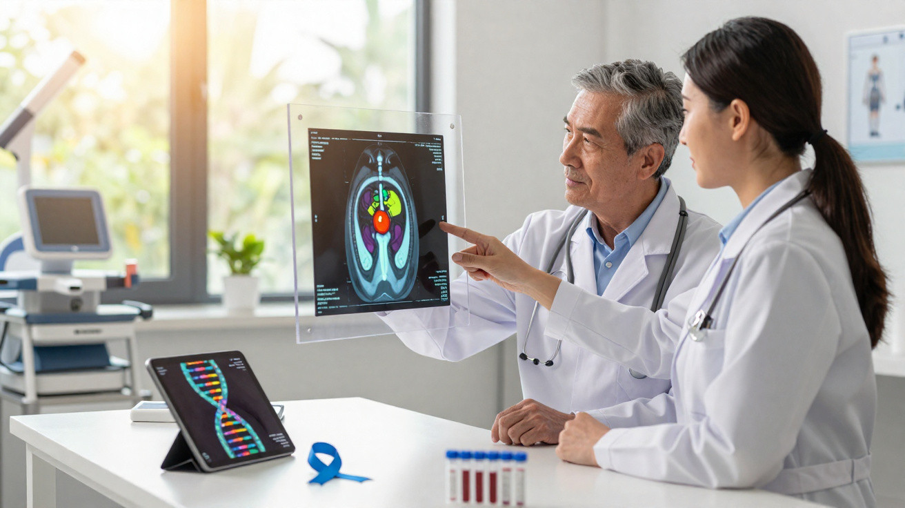 Two doctors discussing a coloured brain scan and DNA image in a bright medical office.