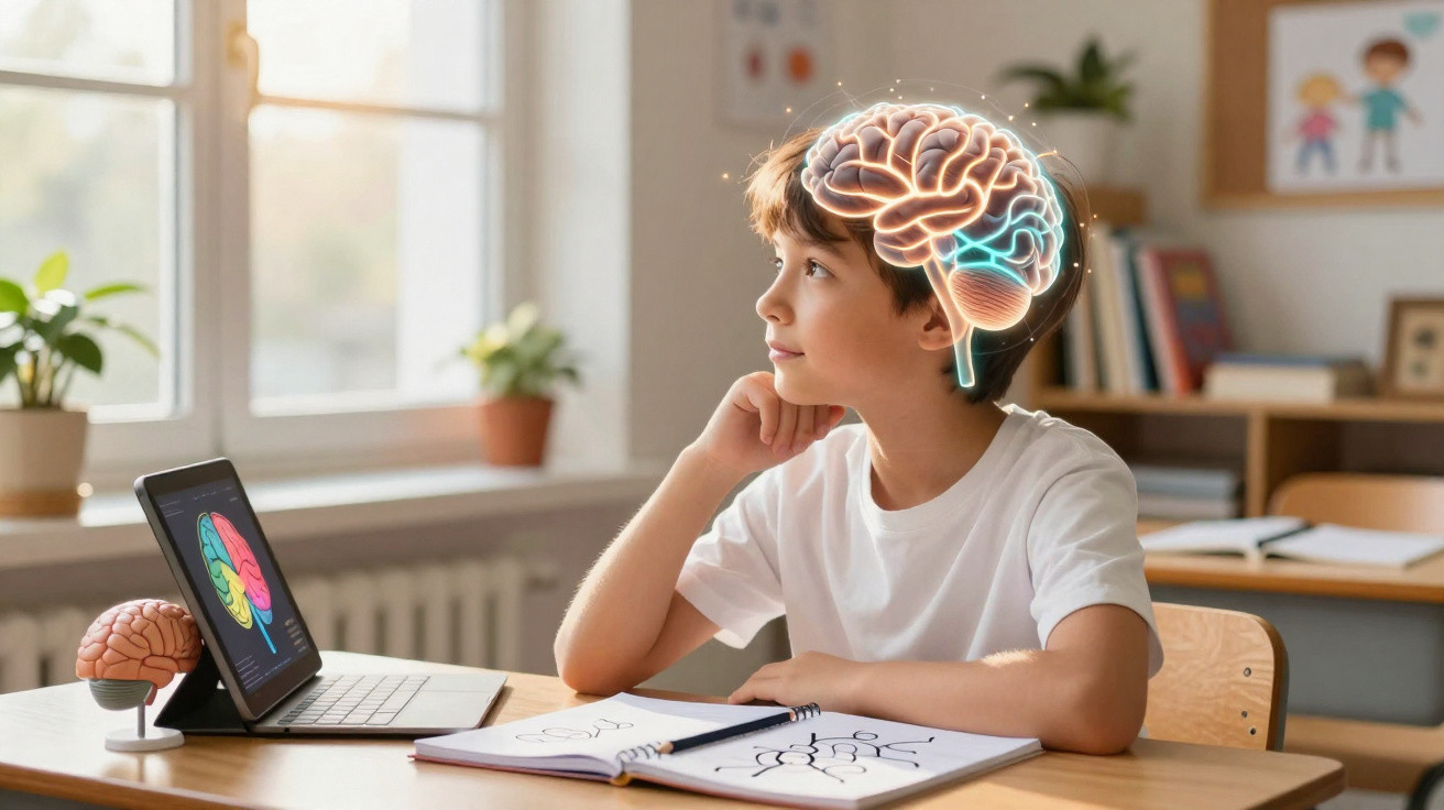 Young boy studying brain anatomy with digital illustration and model in bright classroom.