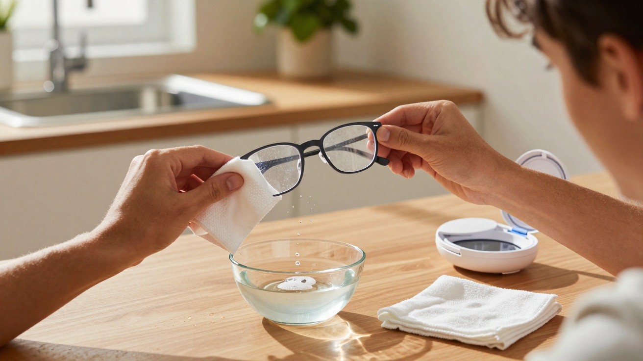 Person cleaning black-framed glasses with a cloth over a bowl of water on a wooden kitchen table.