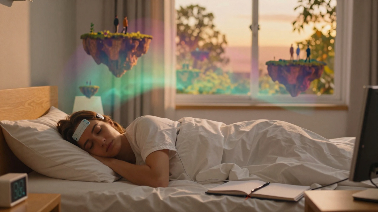 Woman sleeping in bed with a headband, dreaming of floating islands with people at sunset through a window.