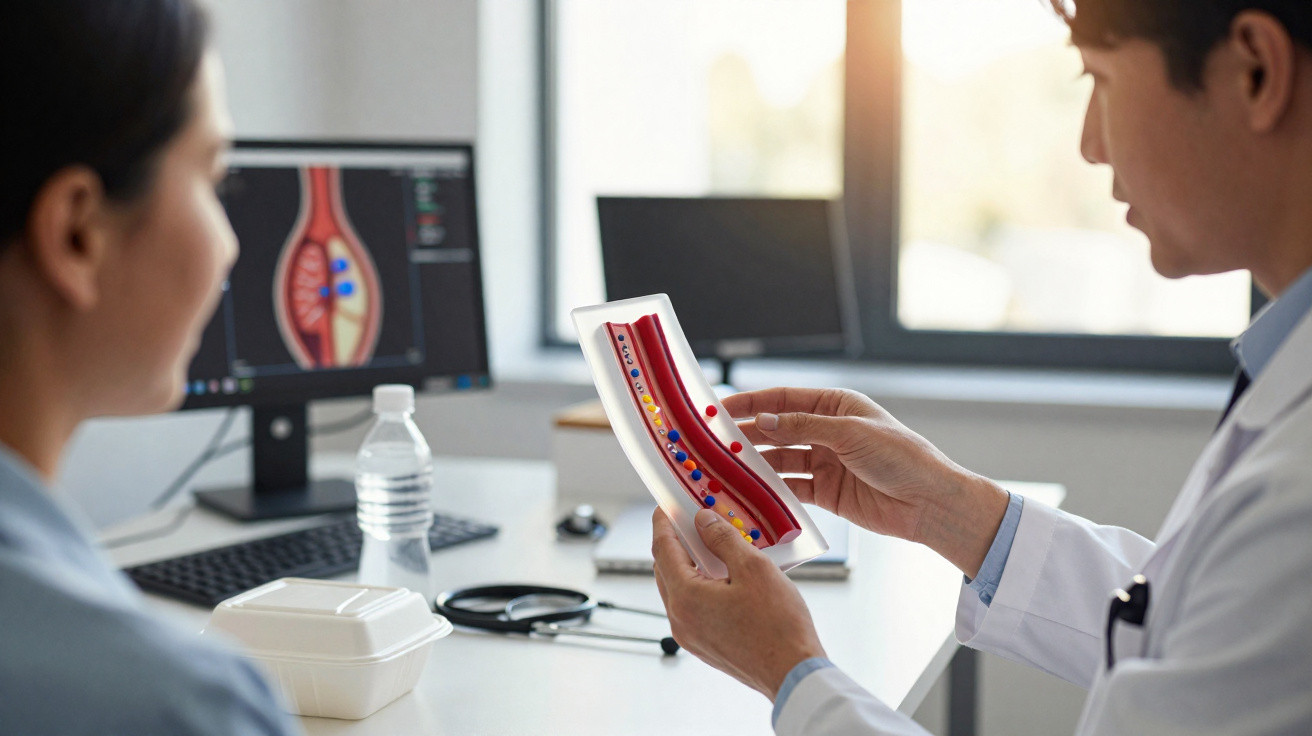 Doctor explaining a blood vessel model to a patient in a medical office with a computer screen in the background.