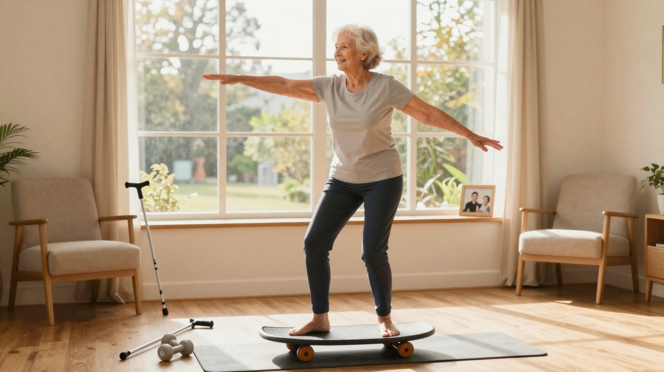 Elderly woman balancing on a board indoors with arms extended, smiling by a large window in a sunny room.