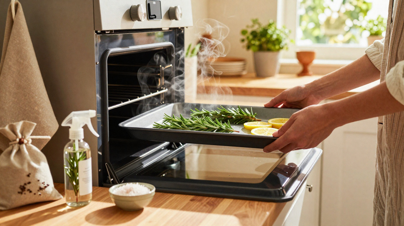 Person placing a tray with rosemary and lemon slices into a steaming electric oven in a sunny kitchen.