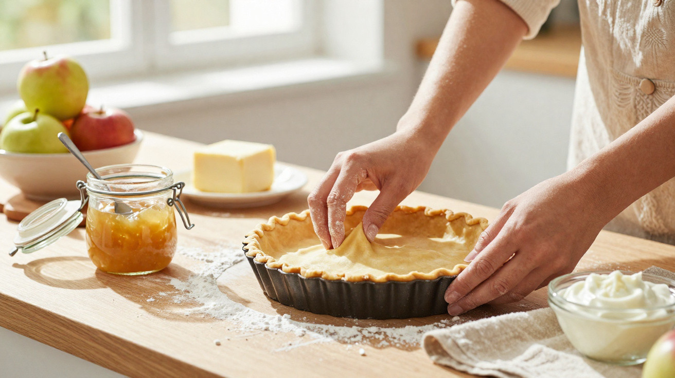 Person shaping crust of apple pie in tart pan on wooden kitchen table with apples, butter, jam, and cream nearby.
