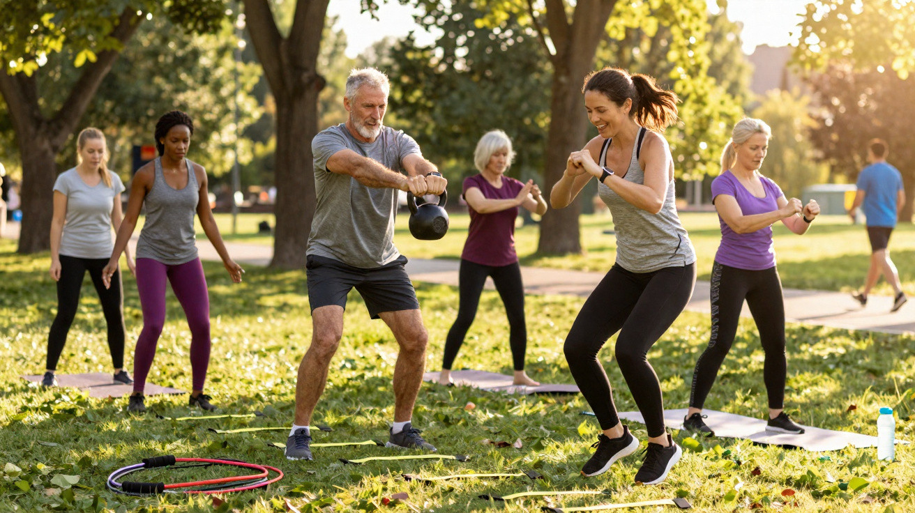 Group of diverse adults exercising outdoors in park on grass with kettlebell and agility ladder.