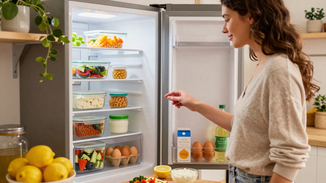 Woman opening fridge door with organised containers of fruits, vegetables, eggs, and dairy inside a kitchen.