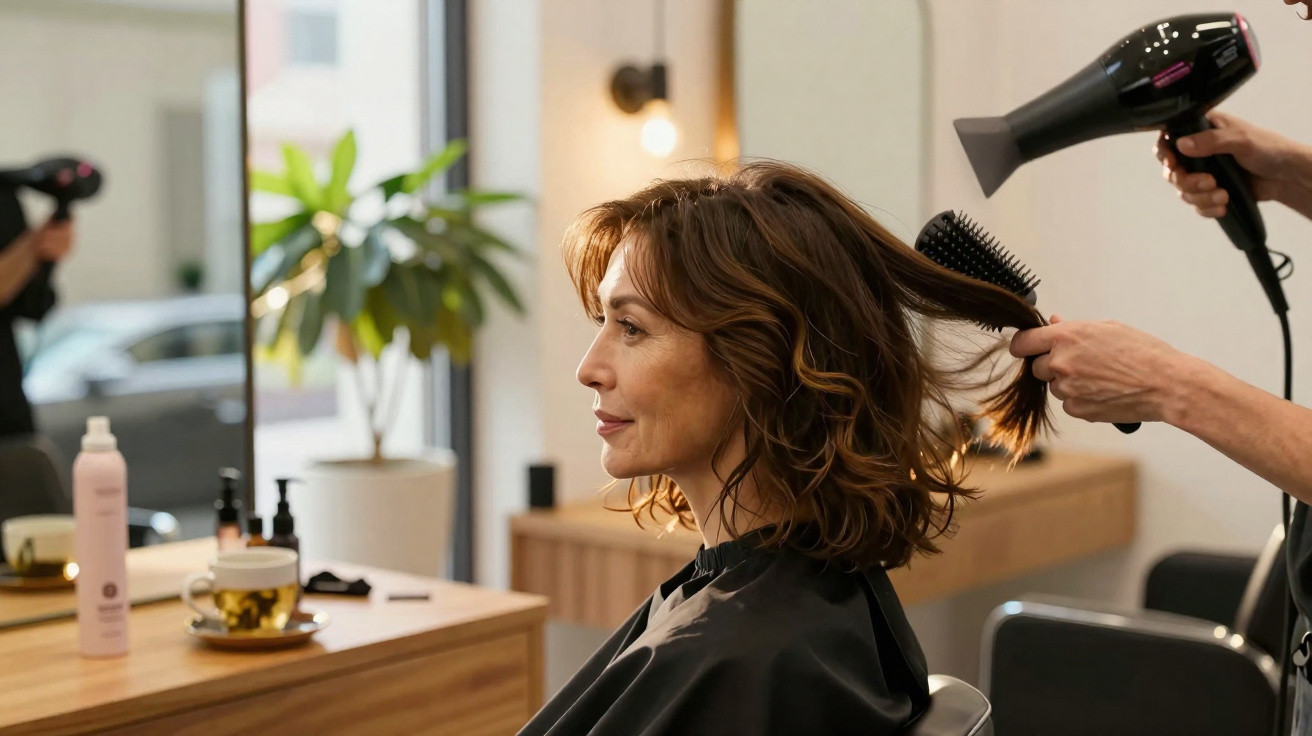 Woman having her hair blow-dried and brushed at a salon, seated in front of a mirror and wooden vanity.