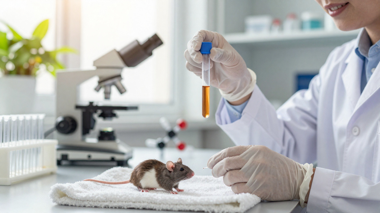 Scientist in gloves holding a test tube with orange liquid near a lab rat on a white towel.