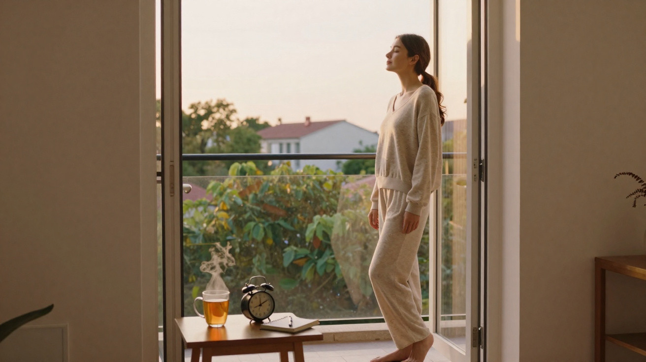 Woman in loungewear standing on a balcony by an open door, enjoying fresh air at sunrise or sunset.