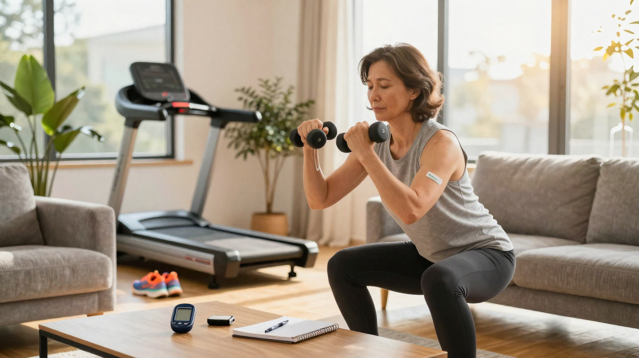 Middle-aged woman exercising with dumbbells in a living room with treadmill and exercise equipment nearby