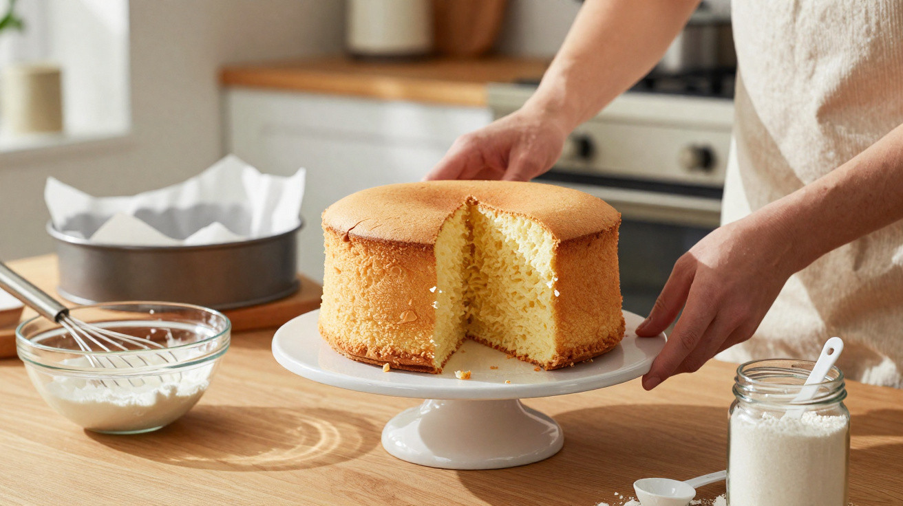 Person holding a sponge cake with a slice removed on a white cake stand in a kitchen setting.