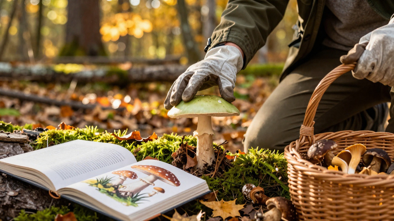 Person wearing gloves picking a green mushroom next to an open mushroom guidebook and a basket of fungi in autumn forest.