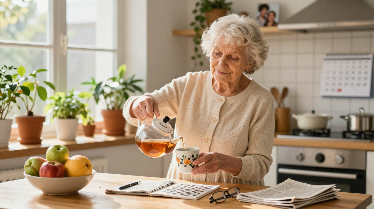 Elderly woman in cream cardigan pouring tea in a bright kitchen with plants and newspapers nearby.