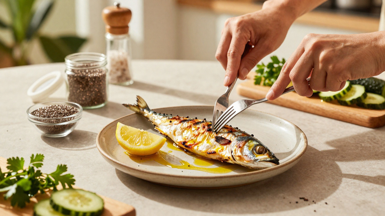 Person cutting grilled whole fish on a plate with lemon wedge, chia seeds, and sliced cucumber nearby.