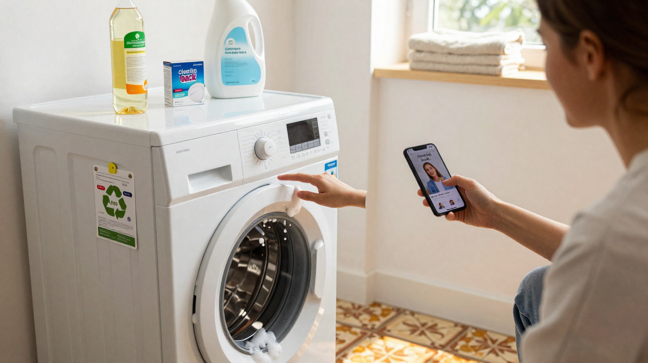 Person opening a front-loading washing machine while holding a smartphone in a bright laundry room.