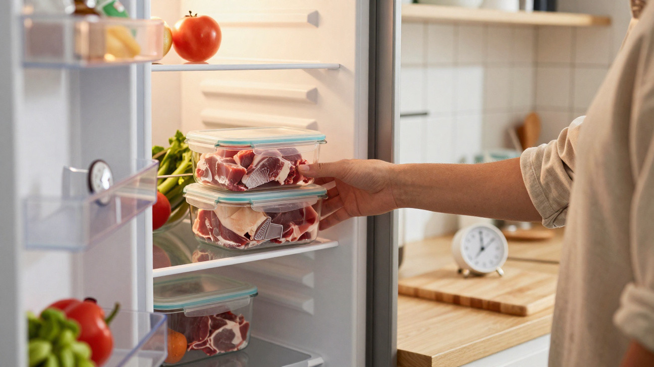 Person placing stacked containers of raw meat inside a fridge with vegetables on shelves and kitchen clock in background.