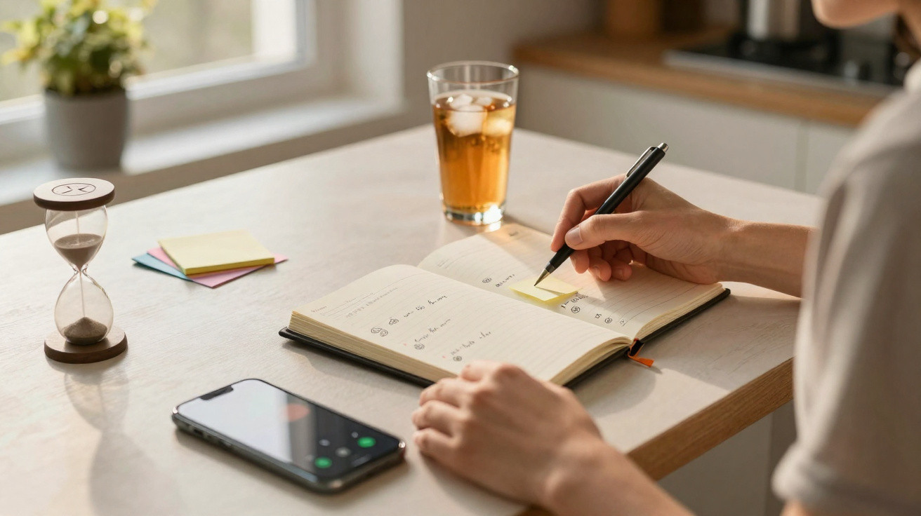 Person writing in a planner with sticky notes, an hourglass, iced tea, and a smartphone on the table.