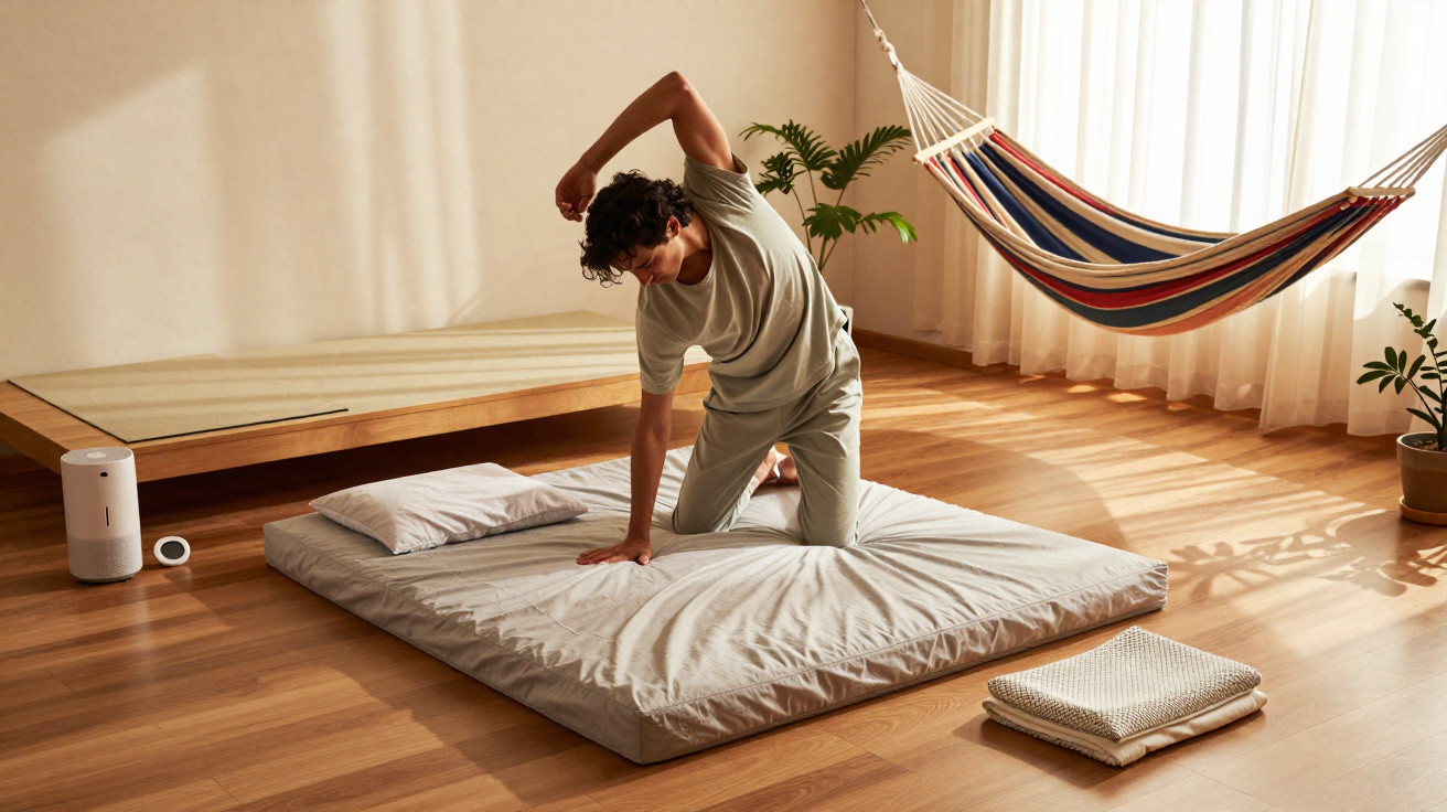 Person stretching on a floor mattress in a sunlit room with a hammock and indoor plants.