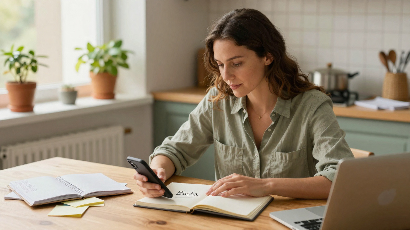 Woman writing in a notebook with a smartphone at a wooden table in a bright kitchen workspace.