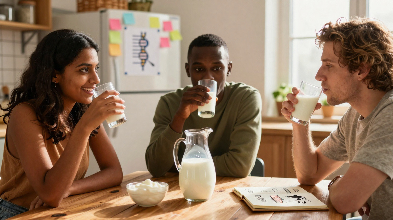 Three friends sitting at a wooden table drinking glasses of milk with a jug and bowl of yogurt nearby.