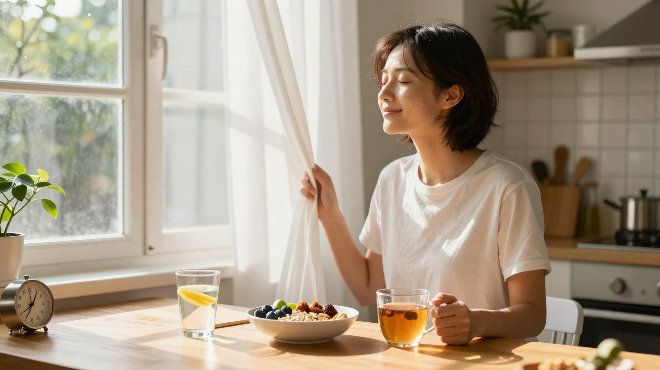 Woman enjoying morning sunlight at kitchen table with bowl of cereal and cup of tea