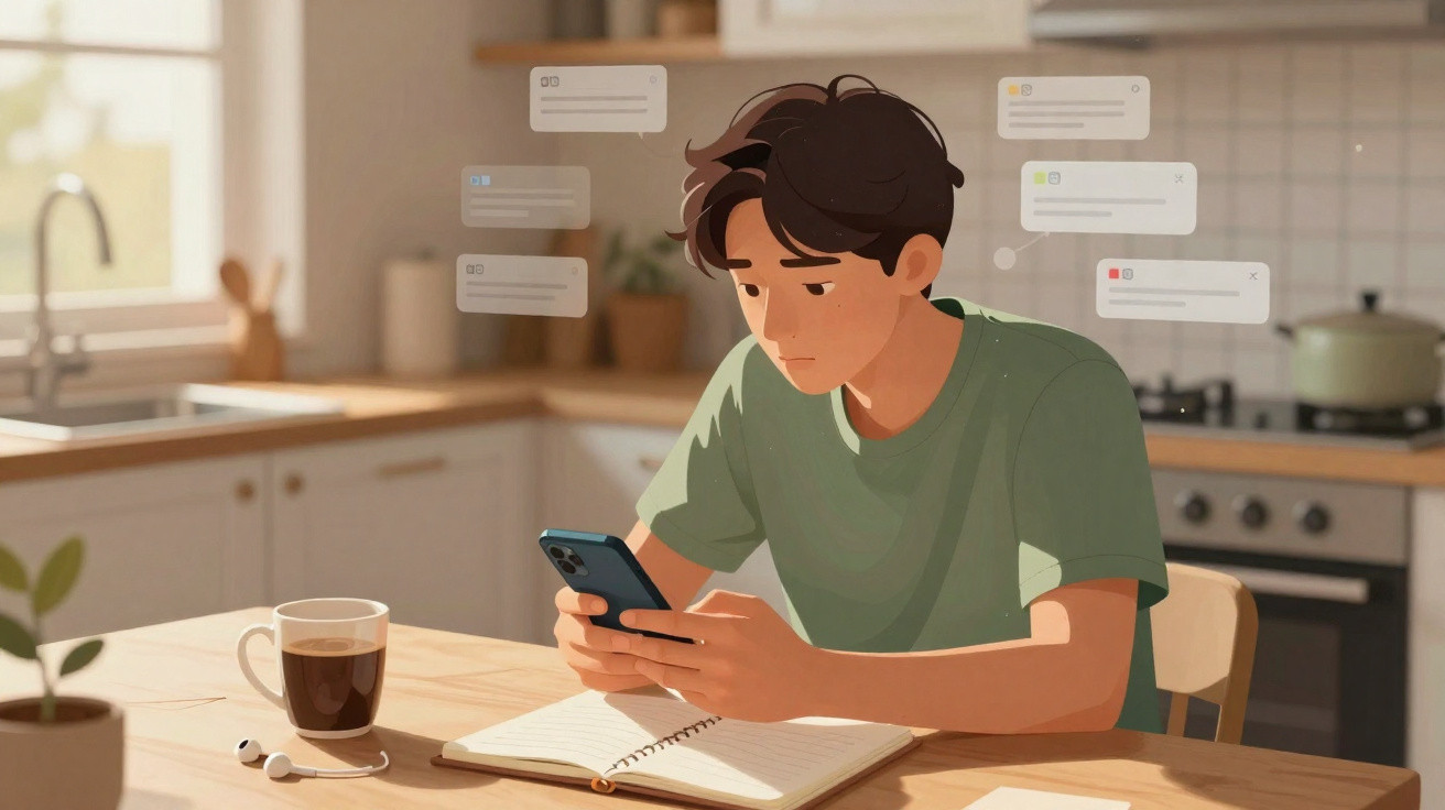 Young man sitting at a kitchen table checking his phone with messages floating around him and an open notebook nearby.