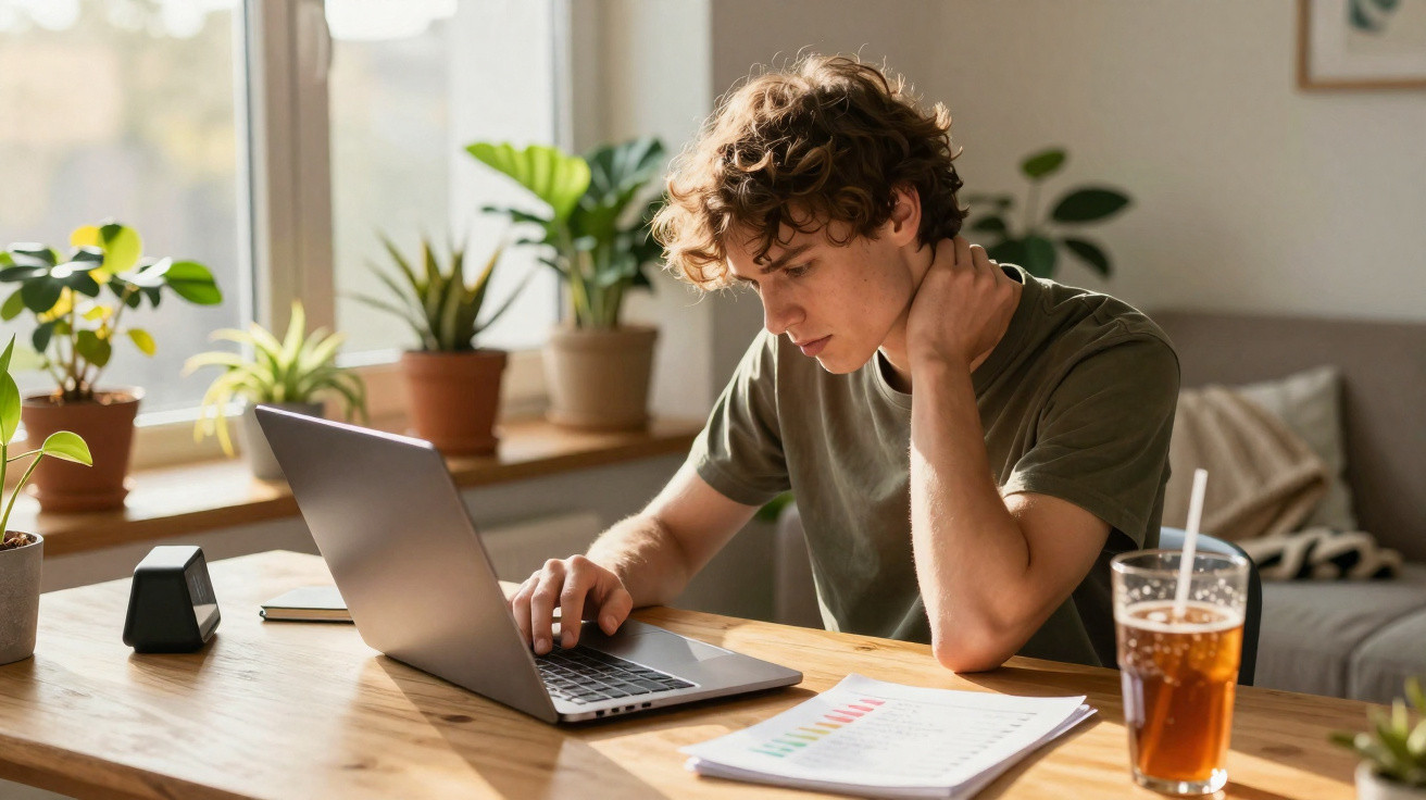 Young man with curly hair working on a laptop at a wooden table with plants and a drink nearby.