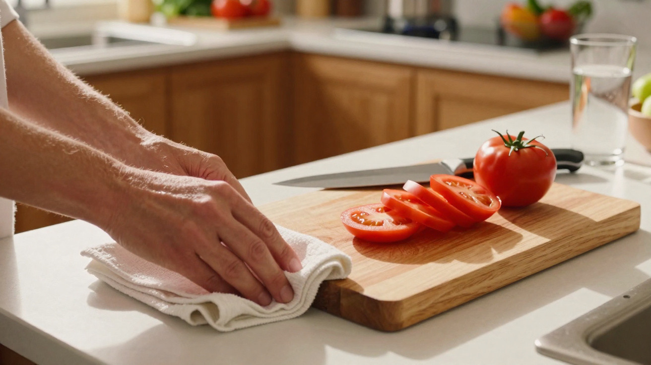 Person wiping a kitchen counter next to a chopping board with sliced and whole tomatoes and a knife.