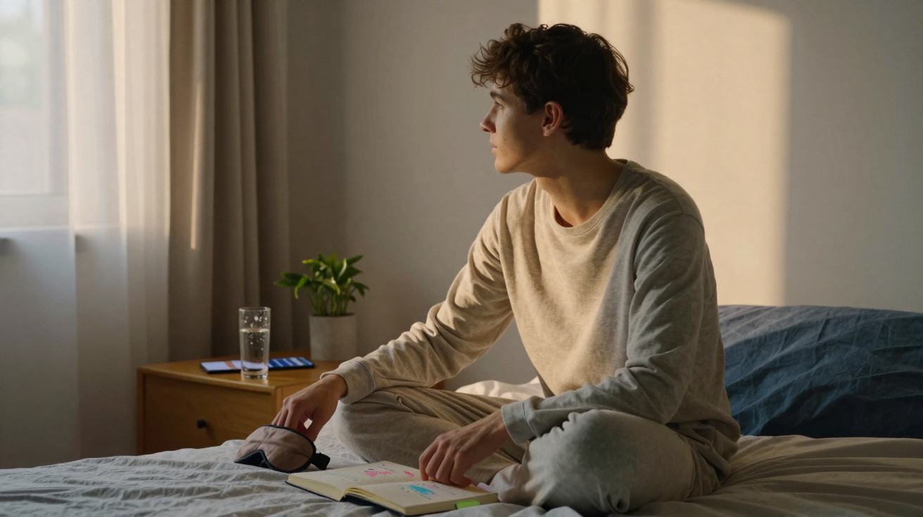 Young man in beige loungewear sitting cross-legged on bed, looking thoughtfully out of a window with soft light.