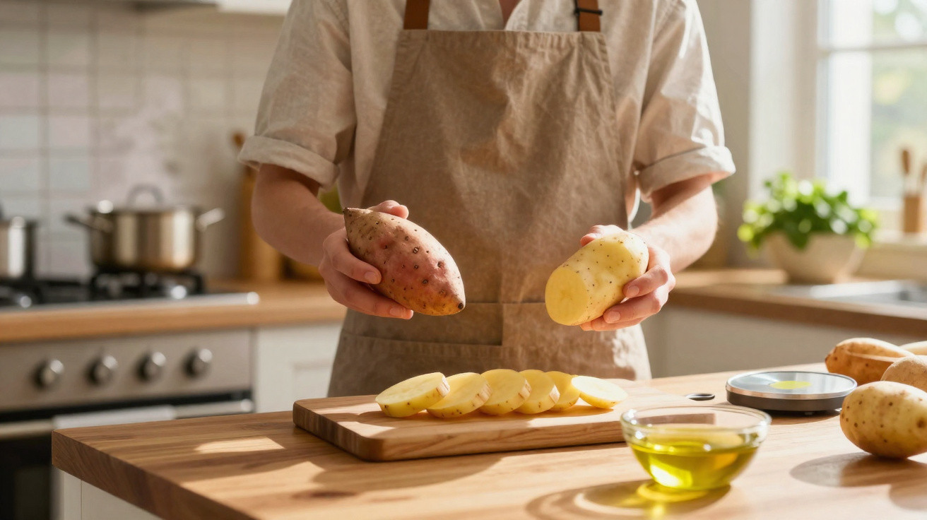 Person holding a sweet potato and a regular potato over a chopping board with sliced potatoes in a kitchen.