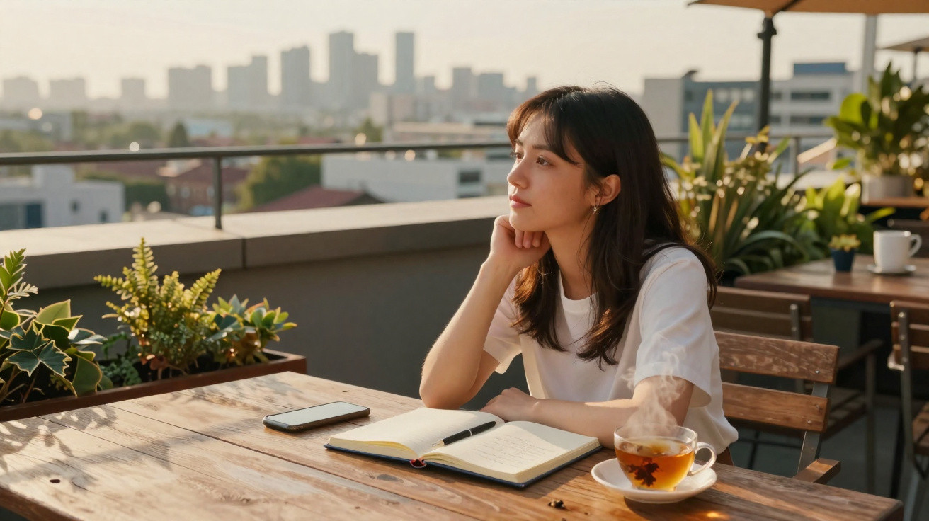 Young woman sitting at a wooden table on a rooftop cafe, gazing thoughtfully with a notebook, phone, and tea.