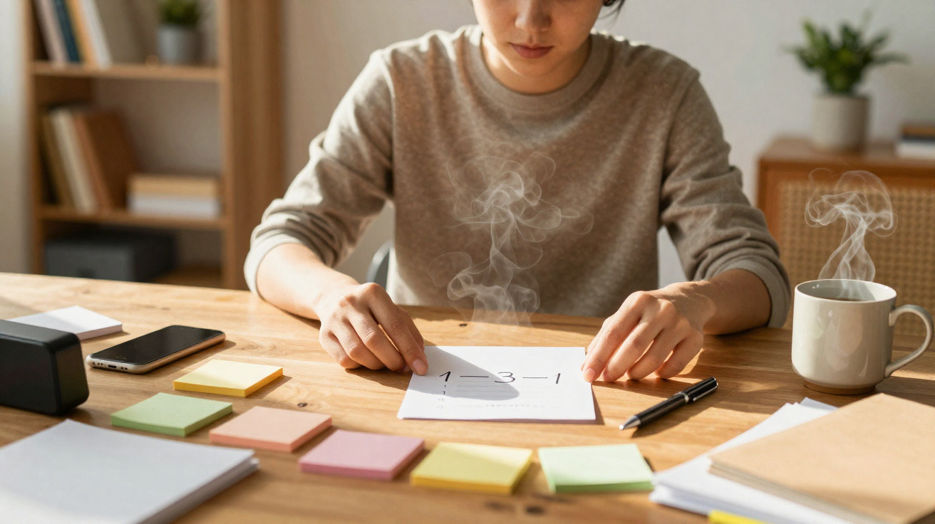 Person sitting at desk with sticky notes, a steaming cup of coffee, and a paper showing a math equation.