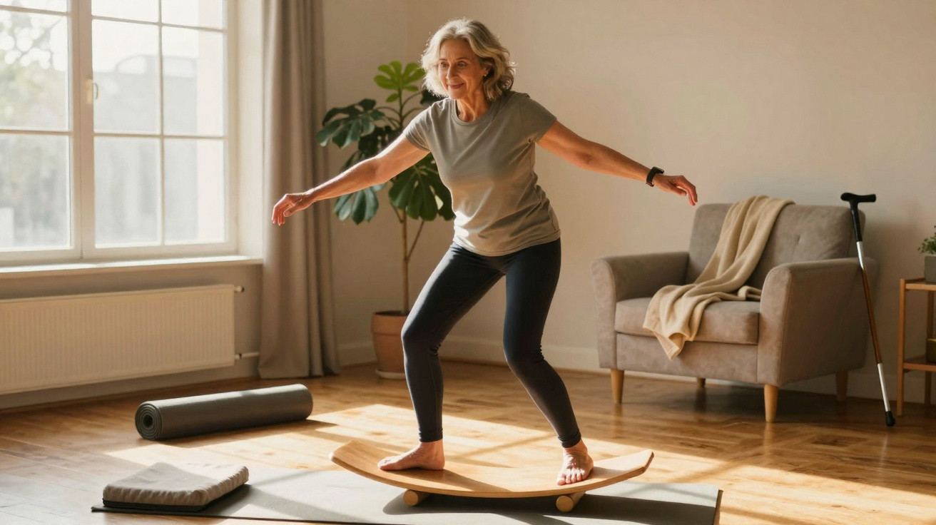 Older woman balancing on a wooden board in a sunlit living room with a cane nearby.