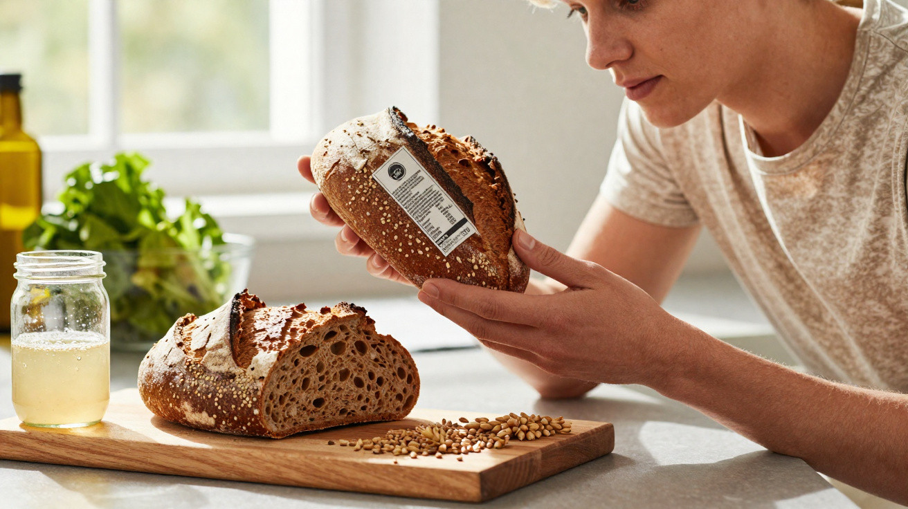 Person examining a labelled loaf of bread on a wooden board with scattered grains and a jar nearby.