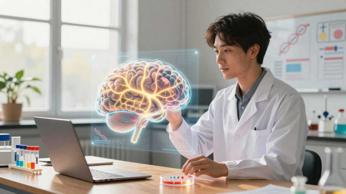 Scientist in a lab coat interacting with a 3D holographic brain model at a laptop in a laboratory.