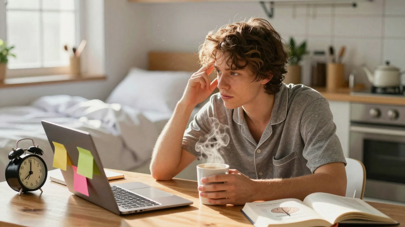 Young man in grey pajamas drinking hot coffee while using laptop at a wooden kitchen table in the morning.